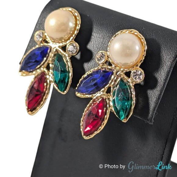 VTG Large Multicolor Acrylic Rhinestones Faux Pearl Gold Tone Clip On Earrings - Picture 3 of 8